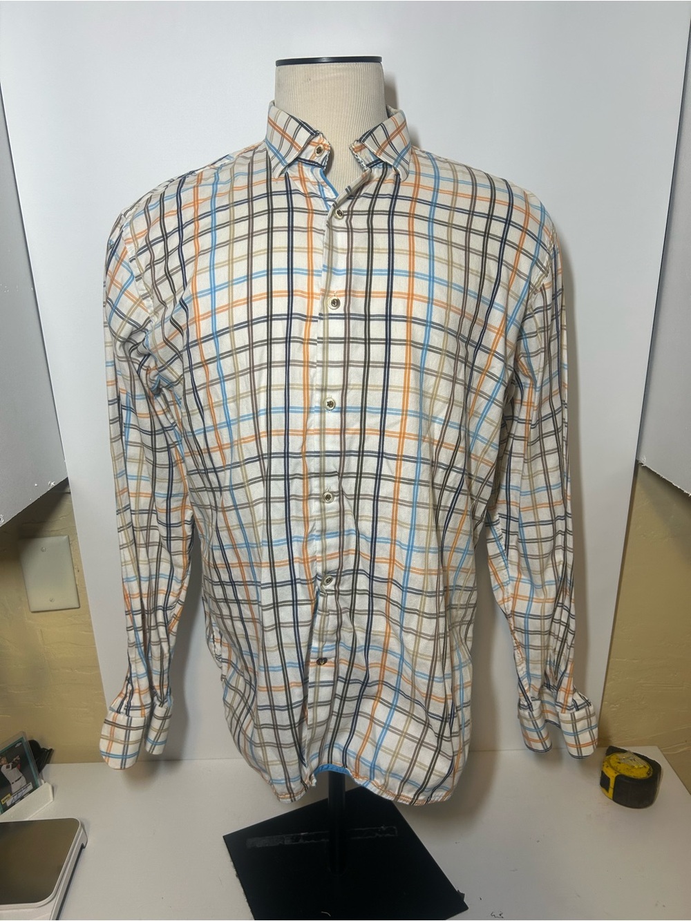 Men's Button-Down Plaid Shirt in White with Blue & Orange Stripes Lichiano Visca